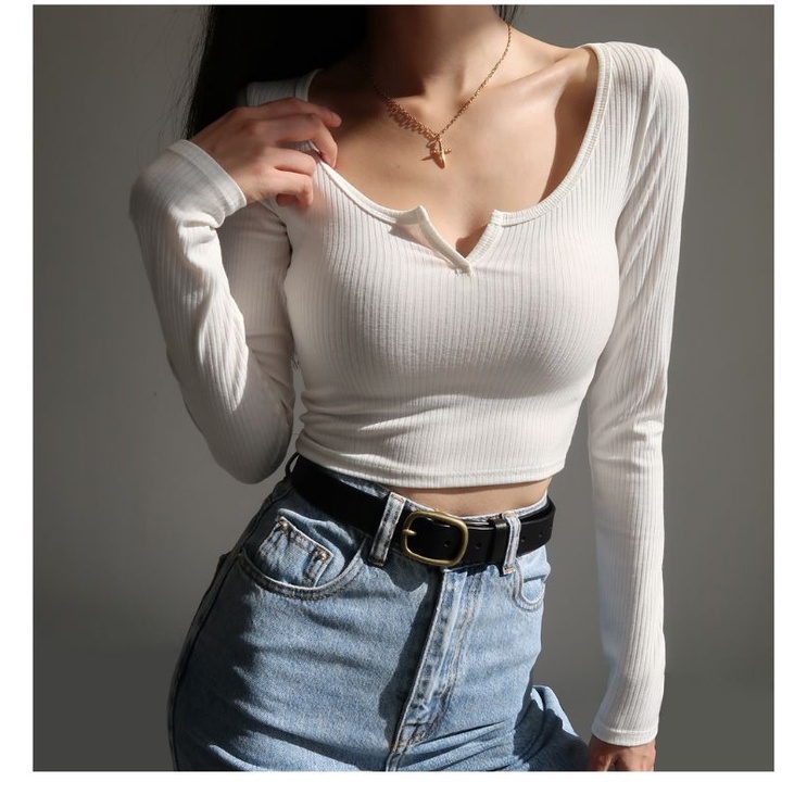 Áo croptop nữ cổ V tay dài tôn dáng bán chạy kiểu dáng trẻ trung mẫu mới hot hit