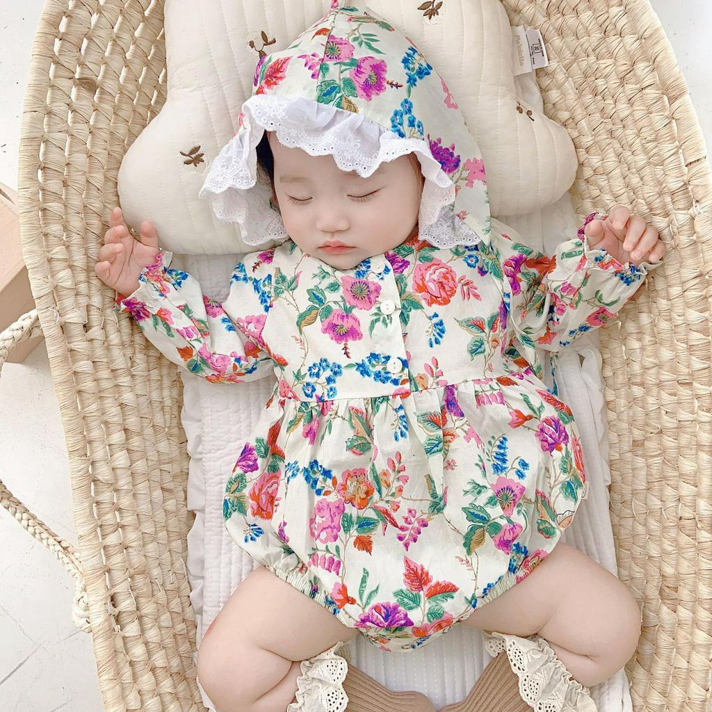 Áo Liền Quần In Hoa & Mũ Trùm Đầu Cho Bé Gái Sơ Sinh