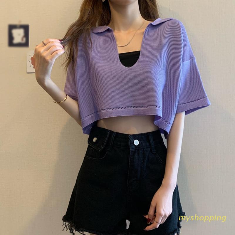 Áo Thun Crop Top Dệt Kim Cổ Chữ V Tay Ngắn Dáng Rộng Màu Trơn Quyến Rũ Cho Nữ
