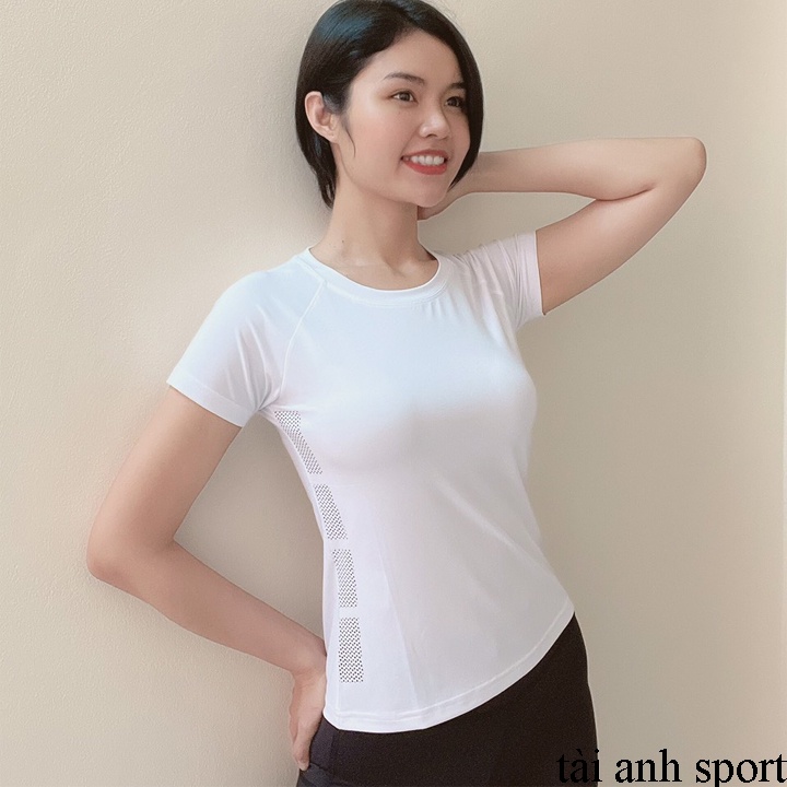 Áo nữ tập Gym, Yoga, Aerobic tay ngắn, chất thun 4 chiều - In eo