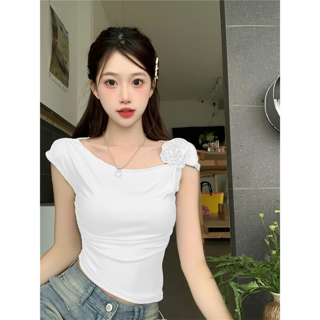 Áo Croptop Dệt Kim Trễ Vai Màu Trơn Dáng Ôm Thời Trang Mùa Hè Xinh Xắn Cho Nữ