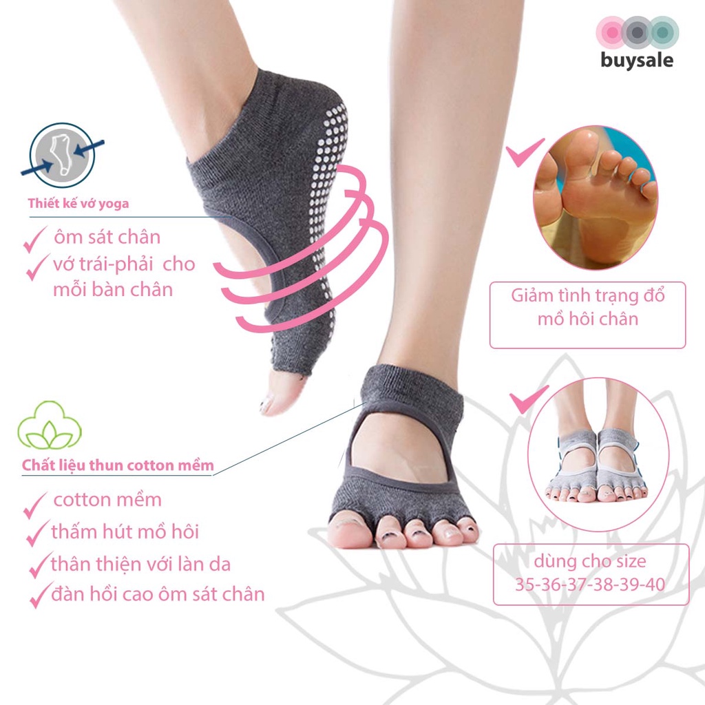 Vớ tập Yoga có hạt silicone chống trượt, thiết kế hở mu bàn chân, ngón chân, thoáng khí, hút ẩm mồ hôi BuySales BSPK211