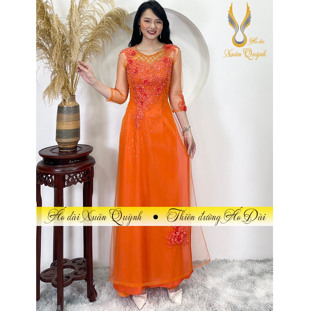 Áo Dài Sui Gia Màu Cam Đám Cưới Đám Hỏi Trẻ Trung Sang Trọng M03 - Áo Dài Xuân Quỳnh