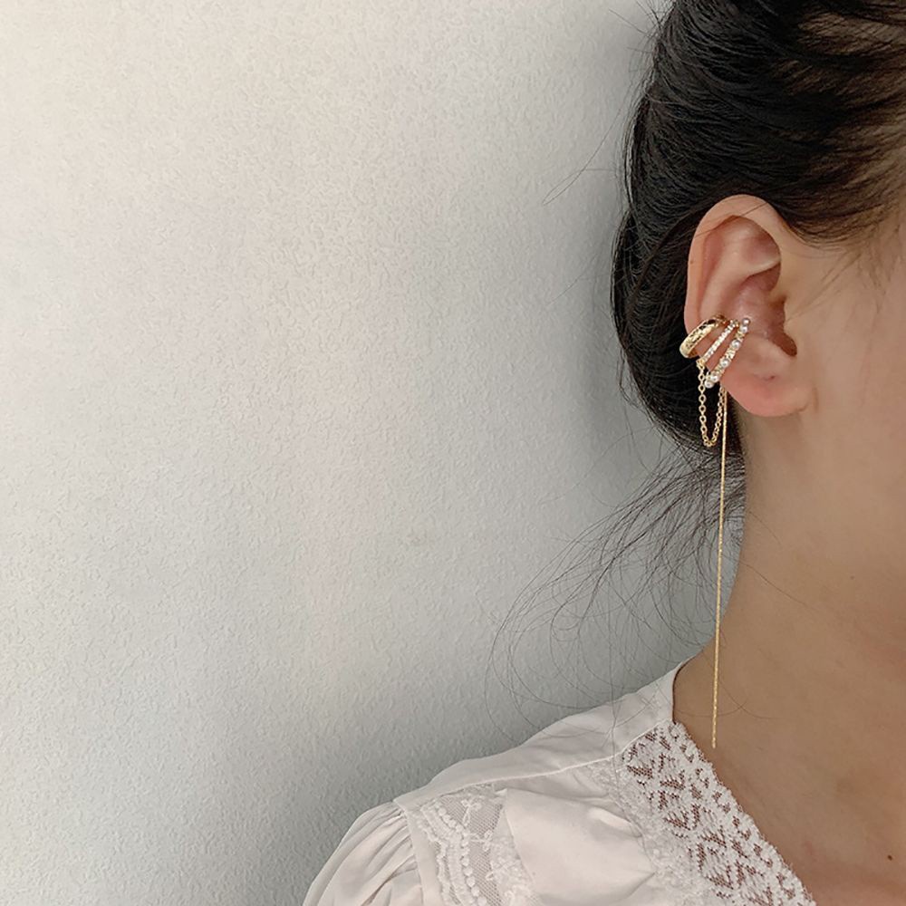 Khuyên Kẹp Vành Tai Dáng Dài Bằng Kim Loại Đính Đá Zircon / Ngọc Trai Nhiều Màu Sắc Phong Cách Hip Hop Cá Tính Cho Nữ