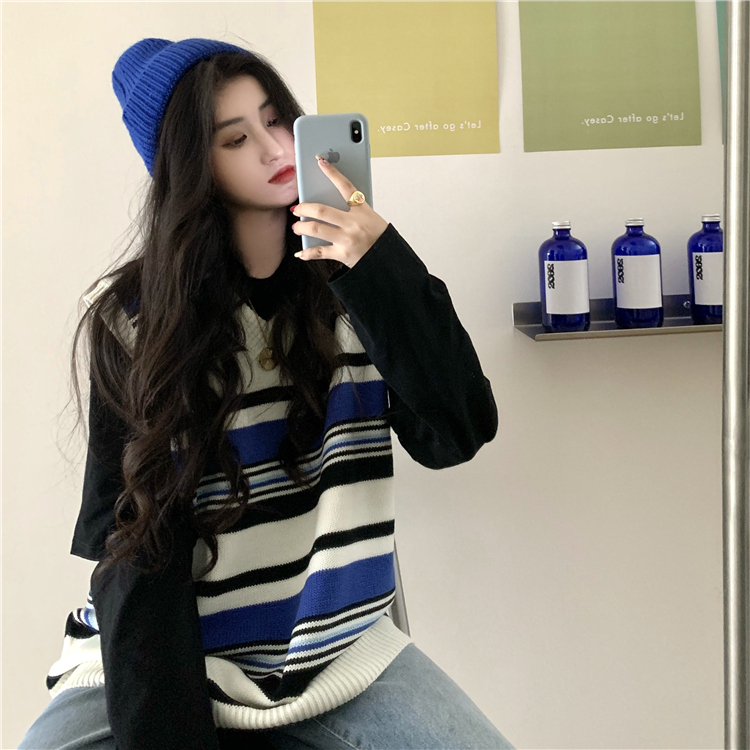 Áo Sweater Dệt Kim Sát Nách Cổ V Kẻ Sọc Màu Sắc Tương Phản Thời Trang 37409
