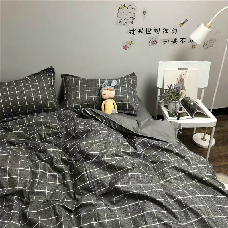 Bộ chăn ga gối Poly Cotton HQ kẻ dạ cho người đơn giản (Tặng vỏ gối ôm) - Miễn phí bo chun