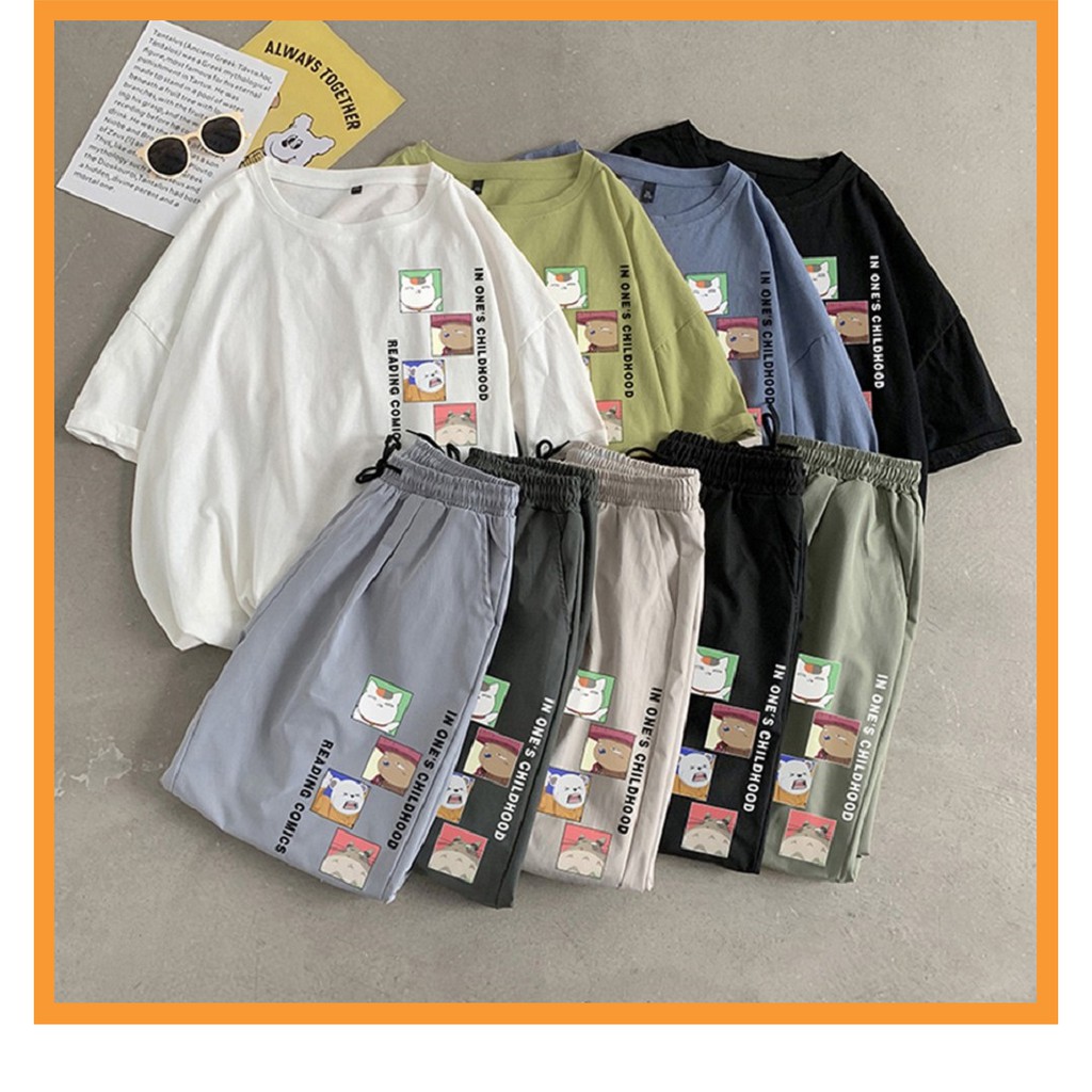Bộ thể thao Unisex ⚡ 𝐅𝐫𝐞𝐞𝐬𝐡𝐢𝐩 ⚡   - Áo thun nam nữ tay lỡ và quần kaki hình in gấu dễ thương | BigBuy360 - bigbuy360.vn