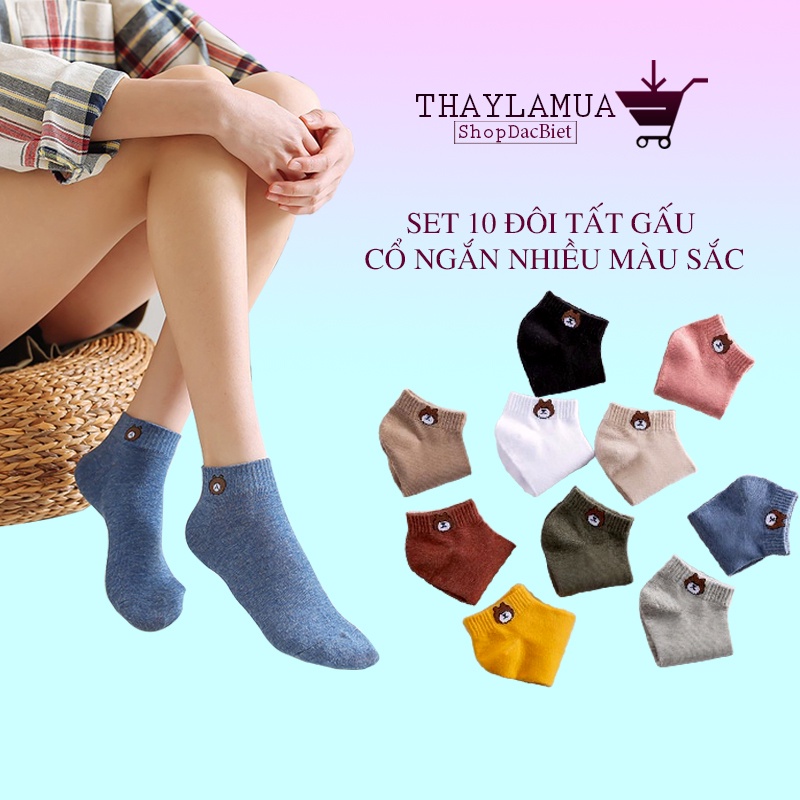 Tất gấu set 10 đôi cổ ngắn đa màu sắc dành cho nữ có túi đựng dây rút đi kèm