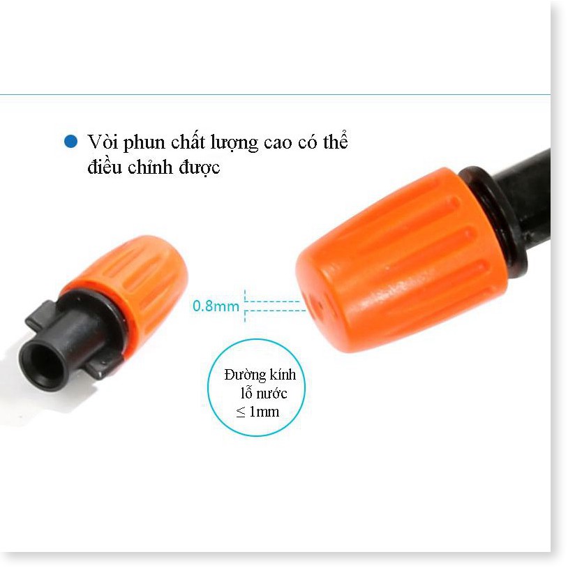 Béc phun sương màu cam và ren 21mm ( nhựa cao cấp) đầu phun không bị tắc, điều chỉnh được lượng nước phun