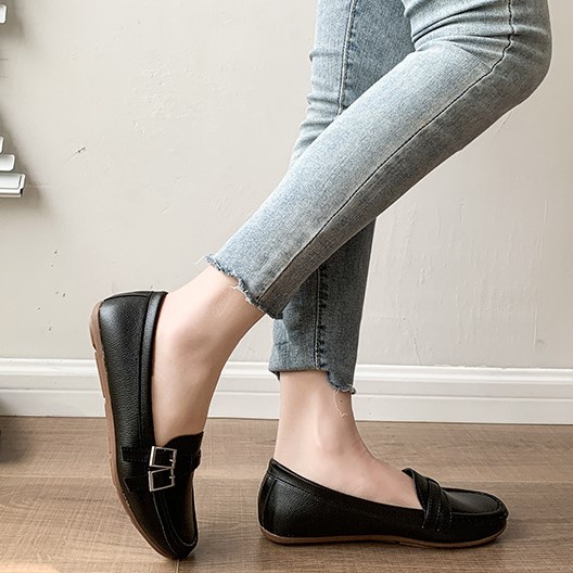 Giày mọi nữ da mềm đế cao su cao 1.5cm màu nâu trắng đen