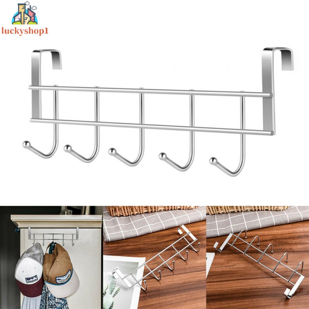 5 Hooks Over Door Hooks Wash Room Hanger Clothes Towel Storage Stainless Steel Holder Door Back Hanging