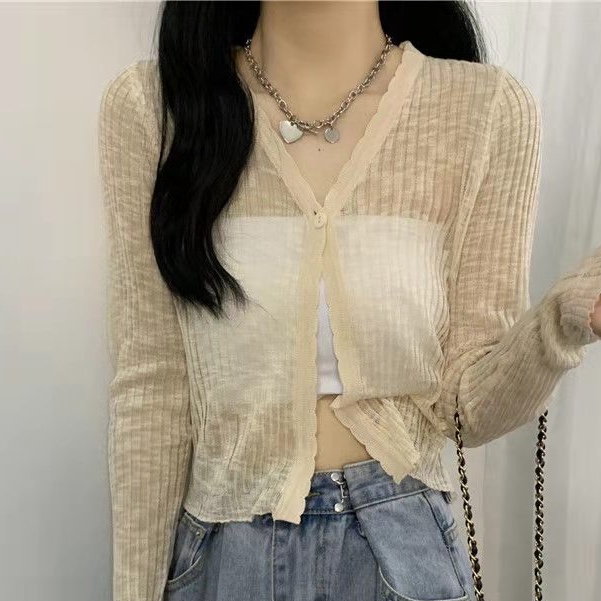 Áo Khoác Cardigan Cổ Chữ V Vải Lụa Mát Thời Trang Mùa Hè Cho Nữ