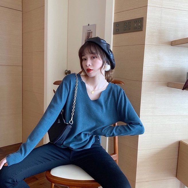 【ZHELIHANGFEI】Áo Len Tay Dài Form Rộng Cổ Chữ V Dễ Phối Đồ