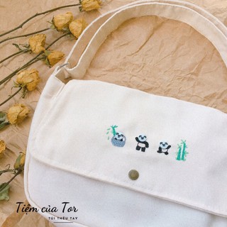 Túi vải canvas thêu tay gấu trúc dễ thương dành cho nữ tiemcuator