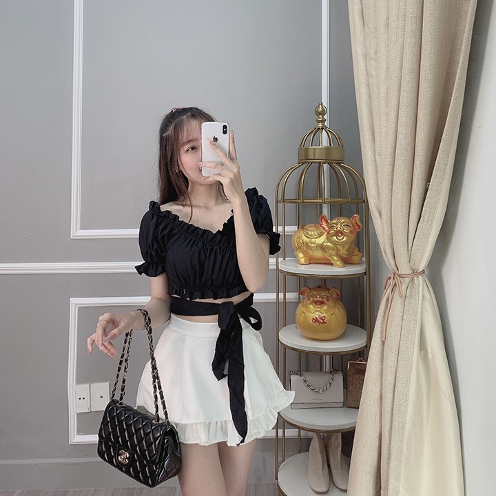 Áo croptop nữ ôm body kiểu Hàn Quốc, áo nữ kiểu bánh bèo sexy cột eo đẹp xinh