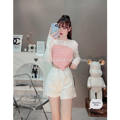 Sét áo len yếm kẻ kèm khoác gân sắc màu