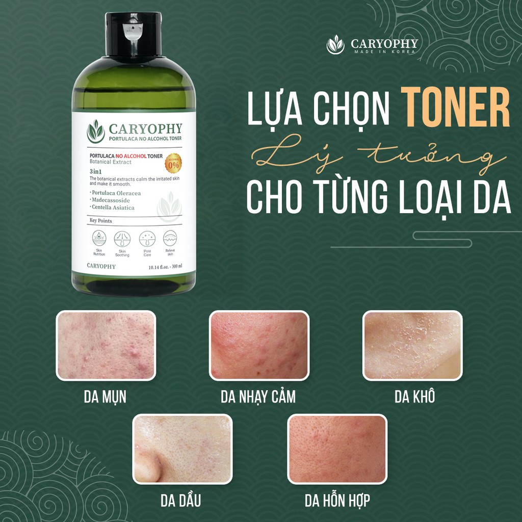 Toner cho da dầu mụn Caryophy Portulaca không cồn Hàn Quốc 300ml