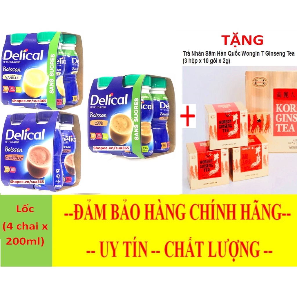 1 Lốc Sữa Delical 200ml ( Vani_ Cafe_ Socola) + Tặng Kèm 3 Hộp Trà Sâm Hàn Quốc