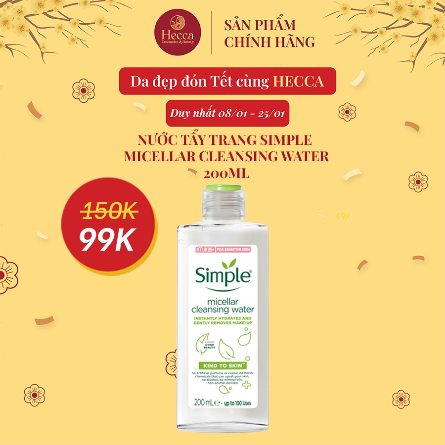 Nước tẩy trang Simple Kind to Skin Micellar Cleansing Water 200ml