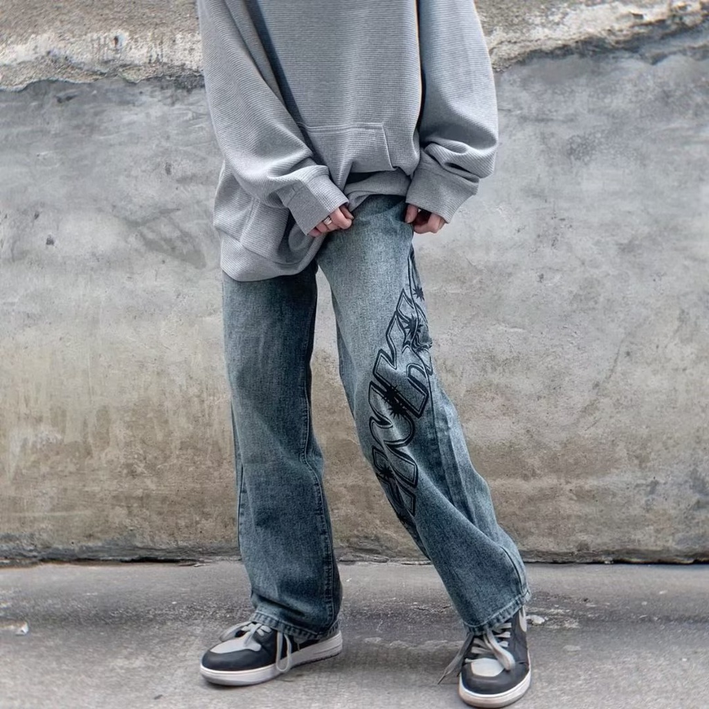 Quần jeans Dài Dáng Rộng In Chữ Phong Cách Thời Trang Nhật Bản Cho Nam Giới Có size Lớn S-3XL