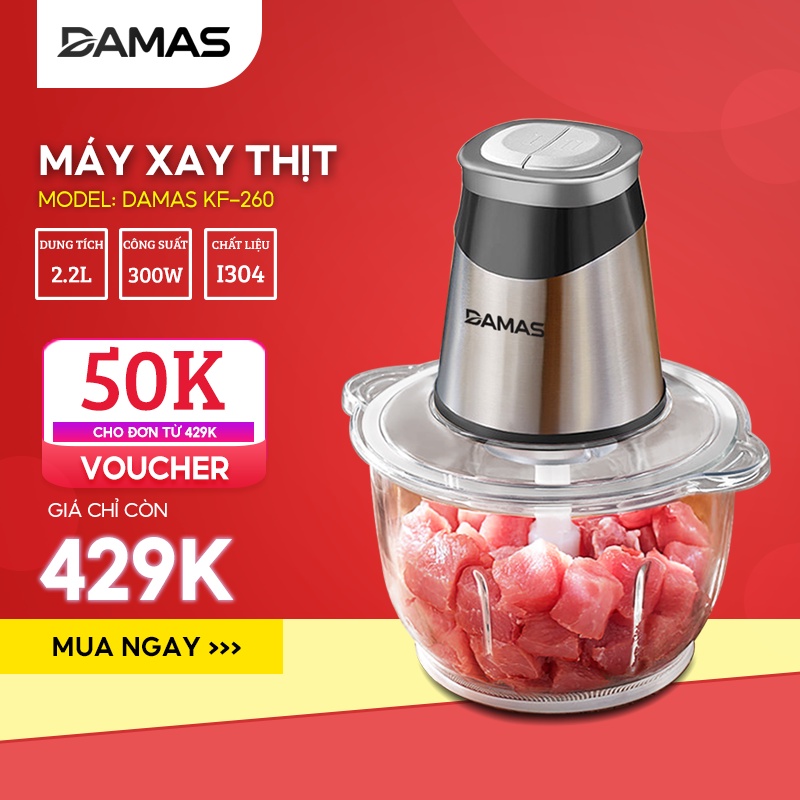 Máy Xay Thịt Thực Phẩm Đa Năng Damas KF-260 | Cối Thủy Tinh Trong Suốt, 4 Lưỡi Dao Sắc Bến | UniMart