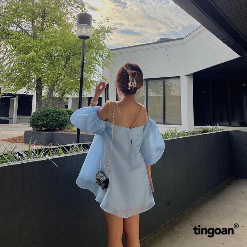 TINGOAN® - Áo trễ vai babydoll phối lưới vân hoa hồng xanh 3 lớp vải tingoan ROSIE ANGLES TOP/BLUE