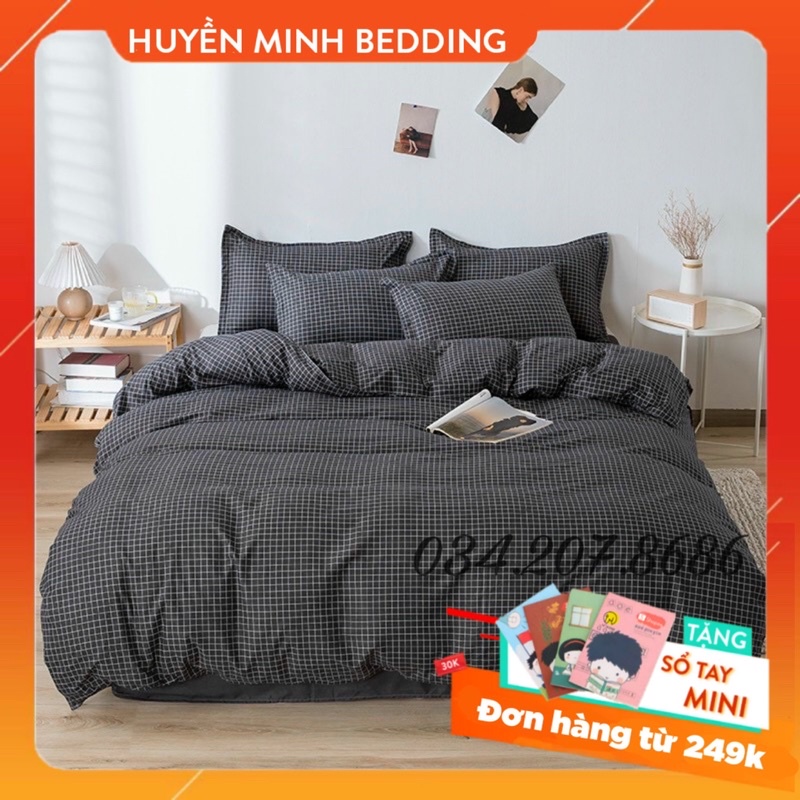 BỘ CHĂN GA GỐI POLY Cotton Kẻ Ô Vuông Đen - Bộ Chăn Ga Gối 5 Món Nhập Khẩu Cao Cấp