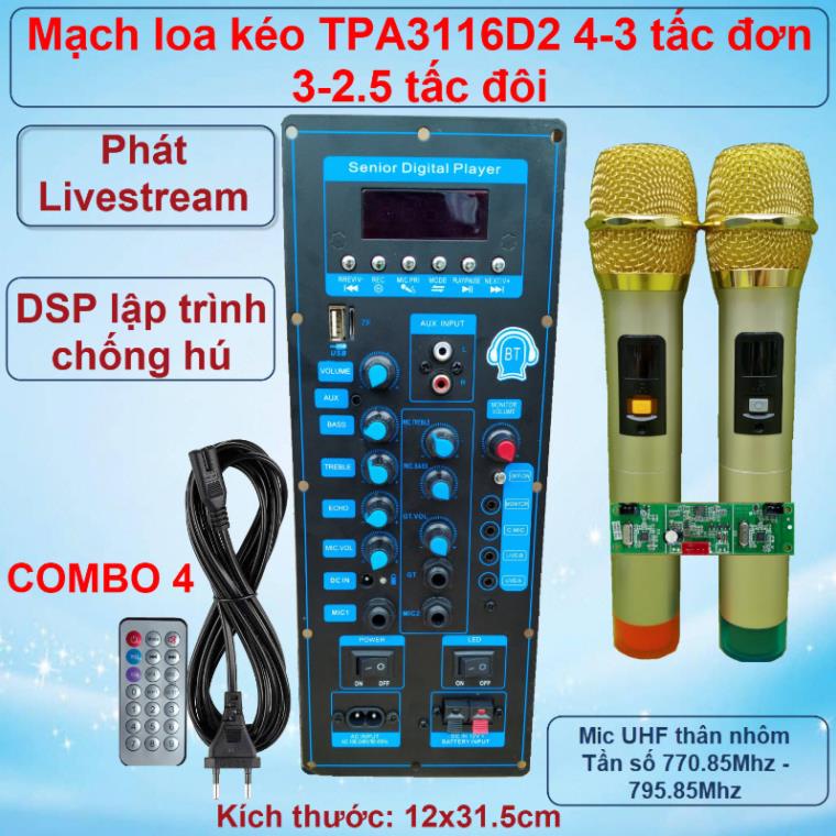 Mạch loa kéo TPA3116D2 150W LIVESTREAM - DSP lập trình chống hú loa kéo 4 – 3 tấc ĐƠN 3 – 2.5 tấc ĐÔI Kèm Micro VR XANH