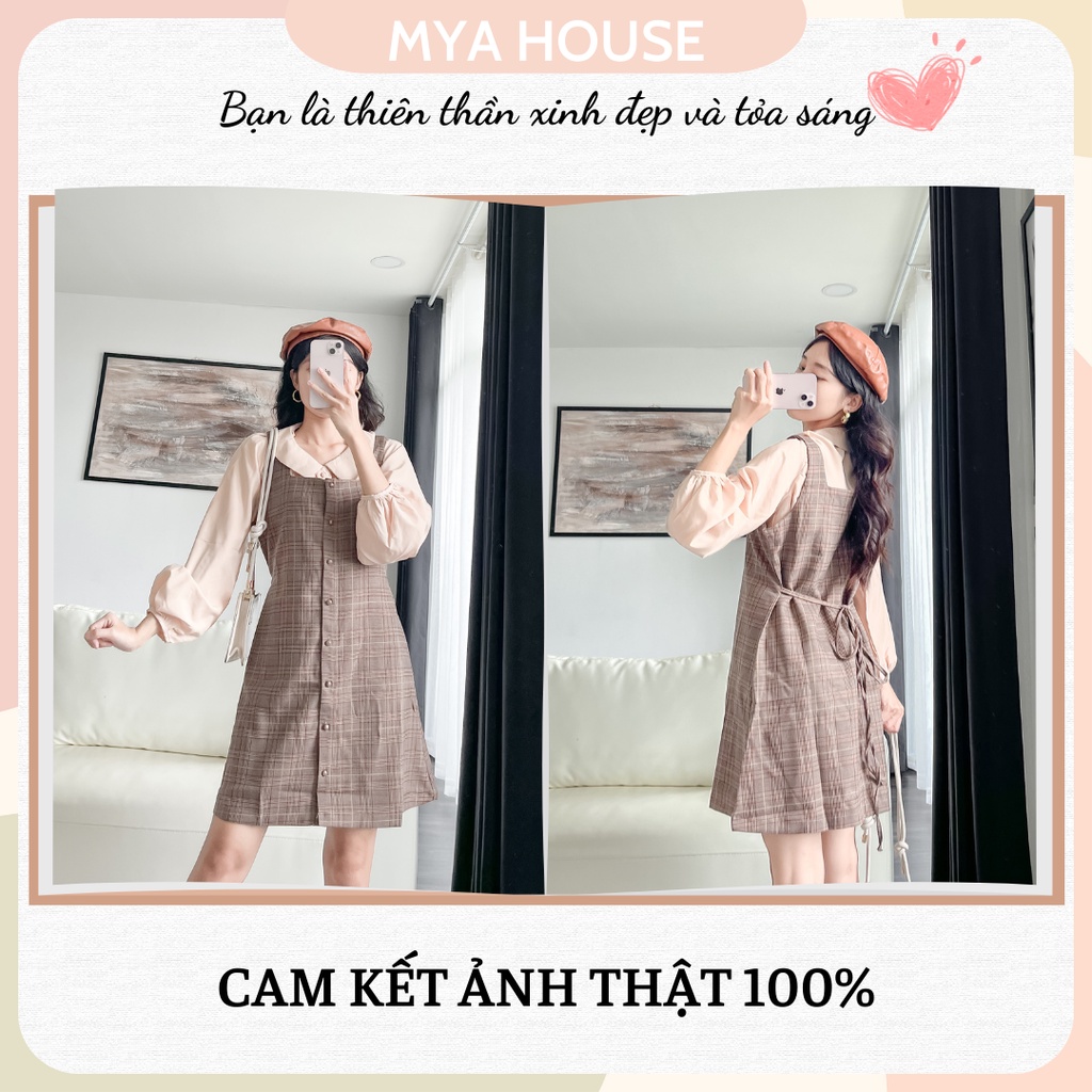 Set yếm caro sơmi cổ sen tay phồng MYA HOUSE