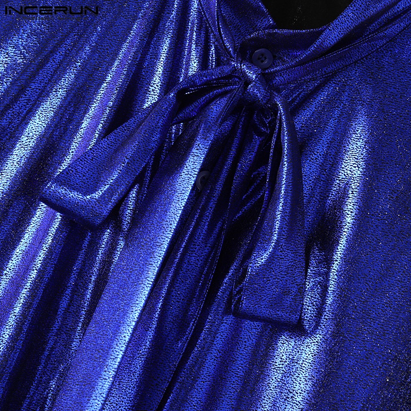 INCERUN Áo Sơ Mi Dài Tay Thắt Dây Họa Tiết Bướm Ánh Kim Sáng Bóng Cho Nam