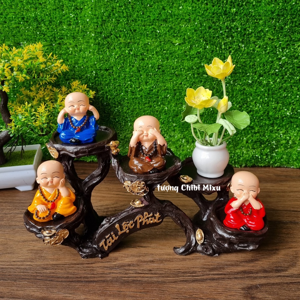 Bộ tượng Tứ Không mẫu đeo chuỗi kèm chậu hoa đất sét và chân đế Tài Lộc Phát