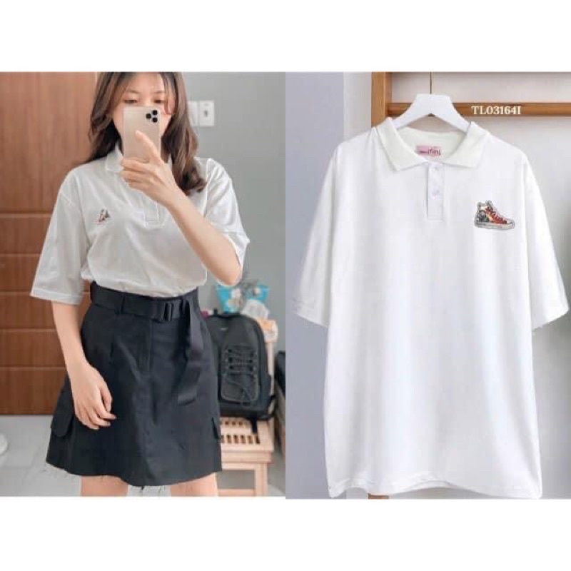 Áo Polo Thêu Hình Cô Bé - Polo tay lỡ form rộng Unisex 38-70kg Nam Nữ