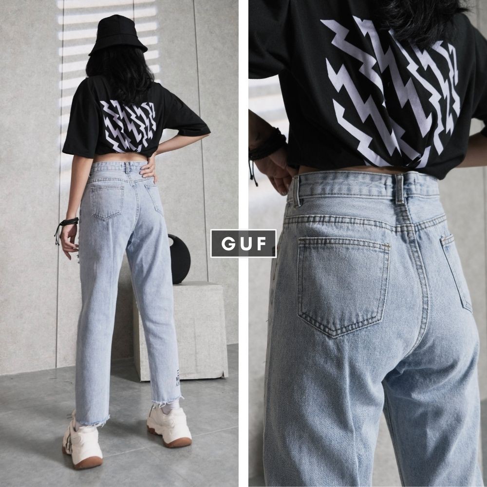 Quần Jean Nữ Dáng Baggy Cạp Cao Rách Gối GUF | BigBuy360 - bigbuy360.vn