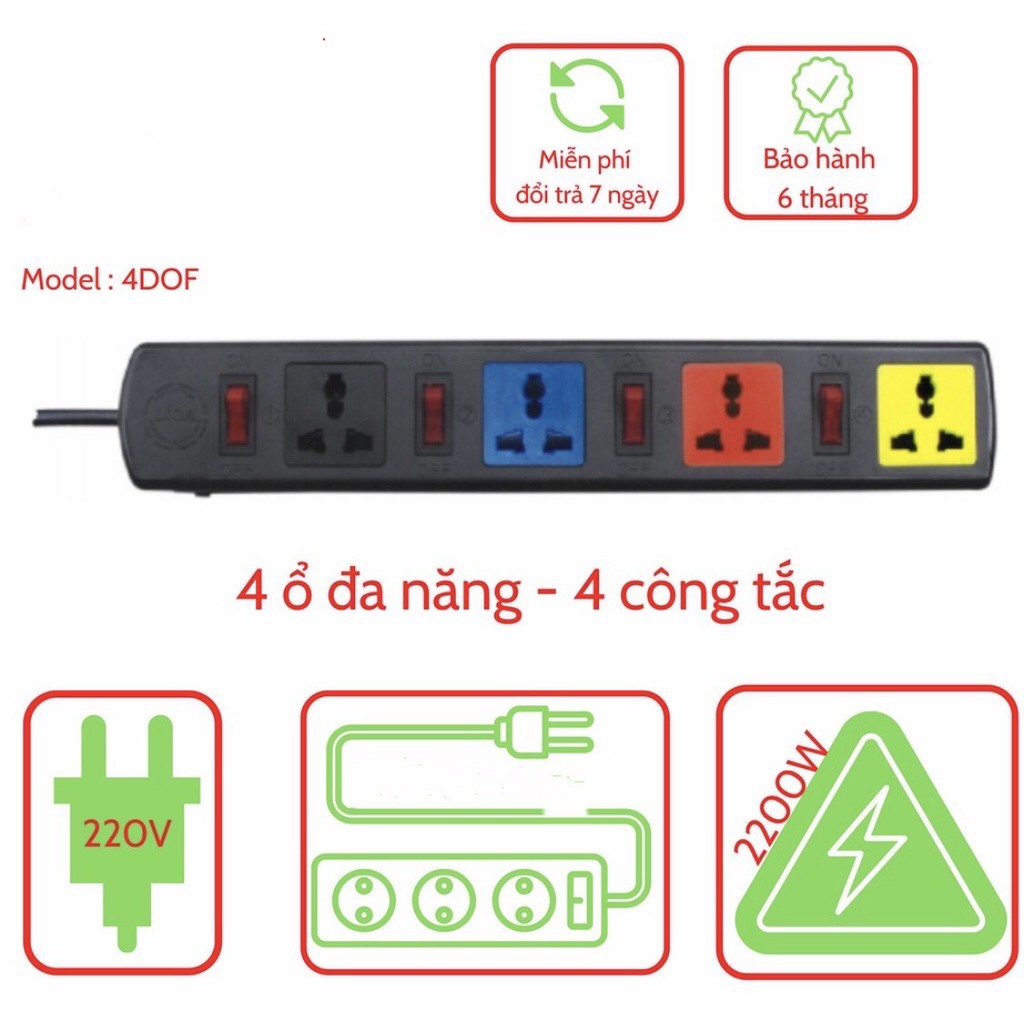 Ổ cắm điện LIOA, 3 lỗ 4 lỗ 6 lỗ 8 lỗ 10 lỗ có công tắc, ~ 1000W 2000W - 3300W dây dài 3m/5m, hàng chính hãng