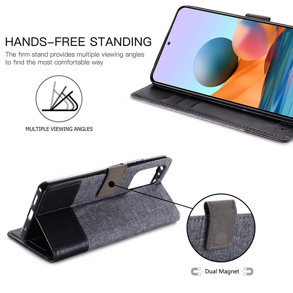 Xiaomi Redmi Note10 Pro Redmi 9T 9 9A 9C K40 Pro Redmi Note 10 9T 10s 9 Pro Max Cloth Magnetic Leather Wallet Dual Color Card Pocket Slot Flip Book Stand Cover