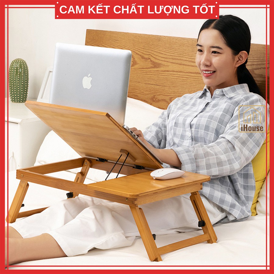 ❡✘∈Bàn học gấp gọn mini gỗ tre, Bàn máy tính Laptop làm việc đọc sách trên giường đa năng tiện dụng chống mỏi gáy