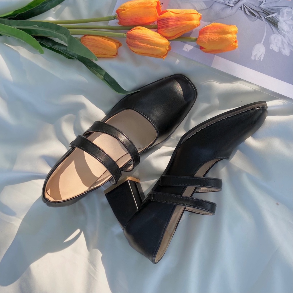 Giày Lolita Ulzzang Vintage, Giày Mary Jane Nữ Mũi Vuông Gót Vuông Cao 5cm Có Hai Quai Ngang Hàn Quốc - Iclassy_shoes