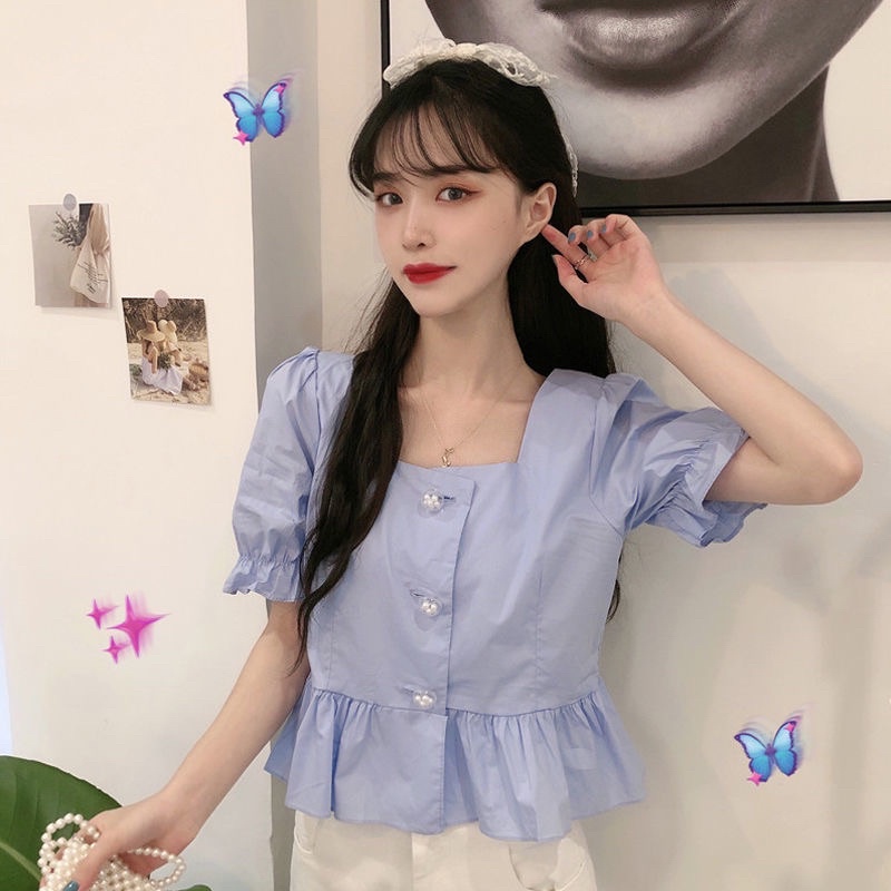 Áo Kiểu Tay Phồng Cổ Vuông Phong Cách Hàn Quốc Cho Nữ
