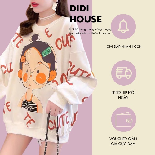 Áo Sweater Nỉ Trắng Hình Cô Bé CUTE 🦋 Áo Thun Nỉ Da Cá Dài Tay In Hình 3D 🦋