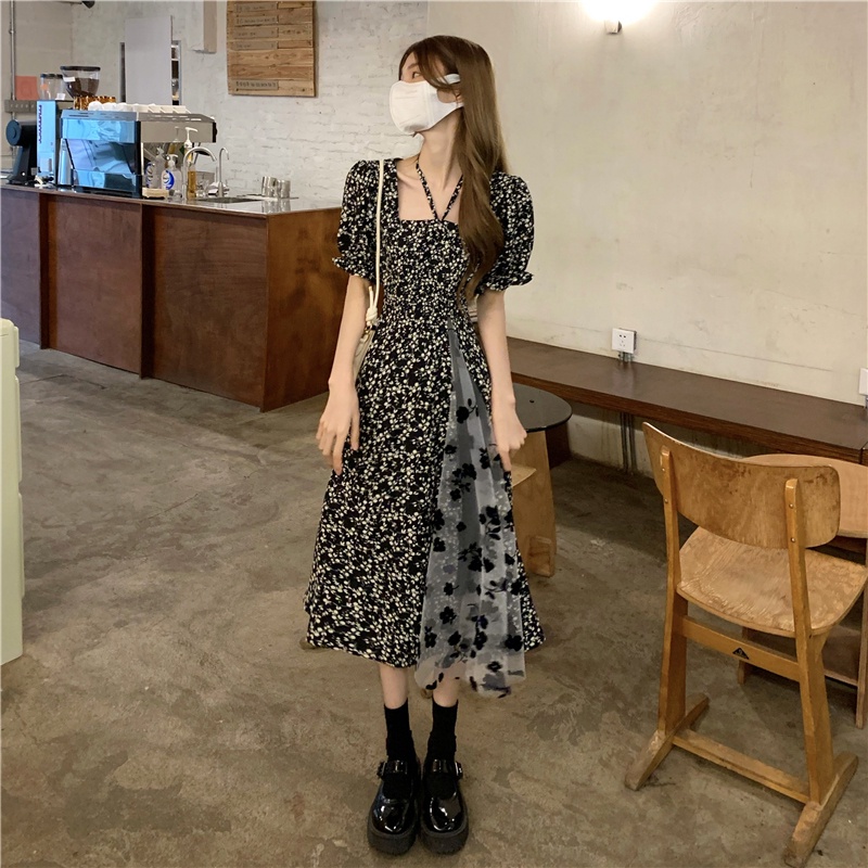 Đầm ZHELIHANGFEI họa tiết hoa cổ vuông dáng dài xinh xắn dành cho nữ