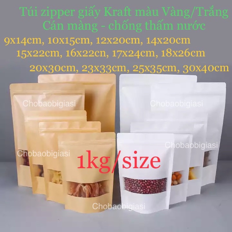 {Giá Sốc 1kg/ size} Túi zipper giấy Kraft Màu VÀNG/TRẮNG đáy đứng cửa sổ tràn có CÁN MÀNG - CHỐNG THẤM NƯỚC (sp y hình)