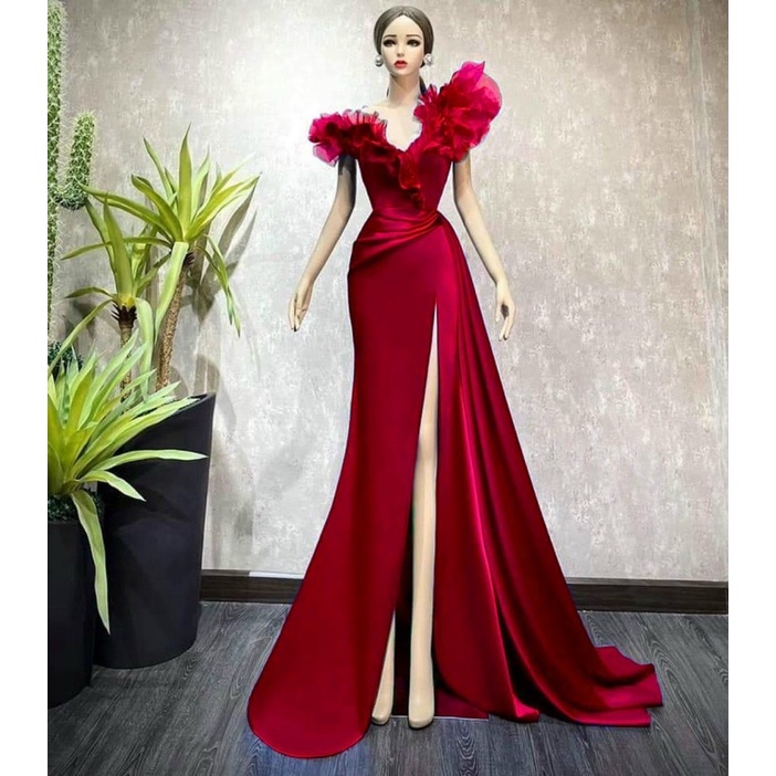 MS1268y ĐẦM DẠ HỘI VAI NHÚNG PHỒNG PHỐI TÀ NGOÀI