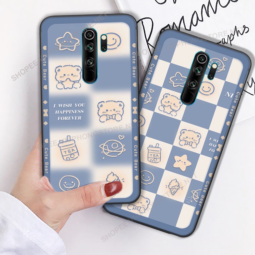 Ốp lưng Xiaomi Redmi 8 / Redmi Note 8 pro / Redmi 9 in họa tiết caro, mẫu gấu cực đáng yêu / ốp gấu cute giá rẻ siêu bền