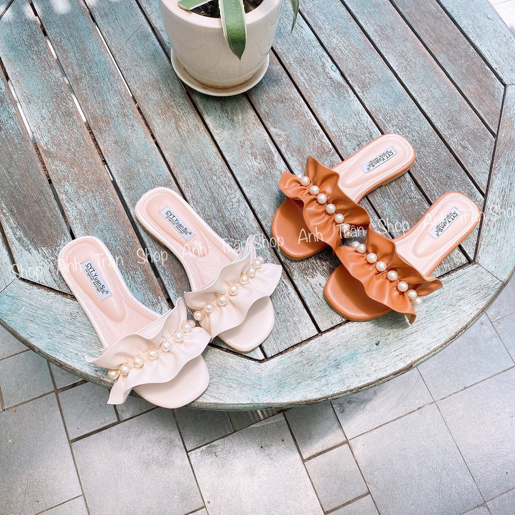 Dép nữ quai ngang bèo nhún đính ngọc Quảng Châu cao cấp DE2388