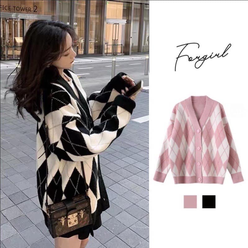 Áo cardigan khoác len nữ cổ tim tăm dệt kim dáng rộng dài tay Hàn Quốc