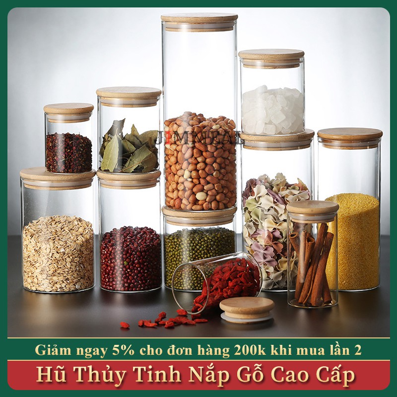 [Kèm Nắp] Hũ Thủy Tinh Nắp Gỗ Đựng Gia Vị, Thức Ăn, Đồ Khô, Ngũ Cốc JIMMEAL 200 350 500 650 750ml 1000ml 1100ml 1300ml