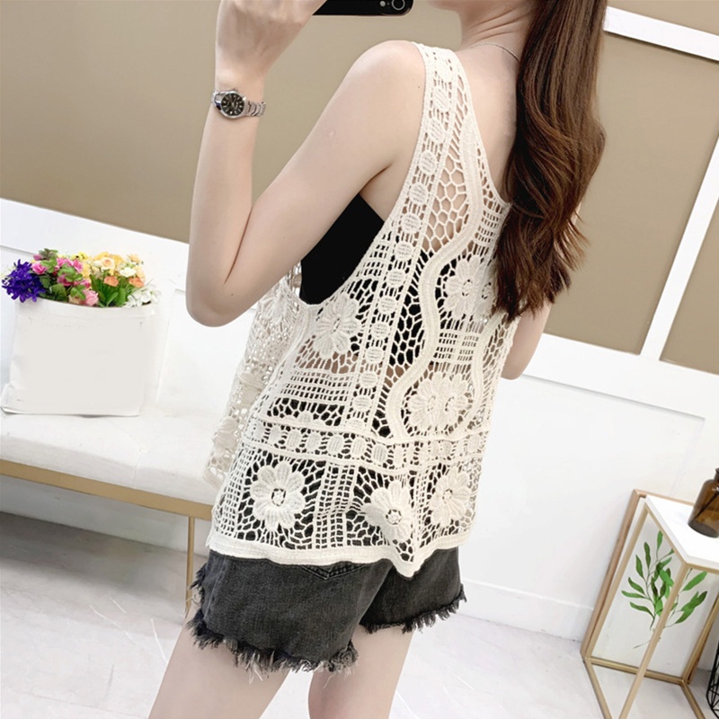 Brroa Áo Tank Top Dệt Kim Dáng Rộng Màu Trơn Phối Viền Rỗng Nhẹ Nhàng Kiểu Boho Mùa Hè Cho Nữ C