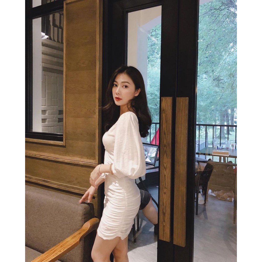 Đầm Cổ Vuông Tay Phồng Thân Nhún CHICO Vải Đũi Co Giãn