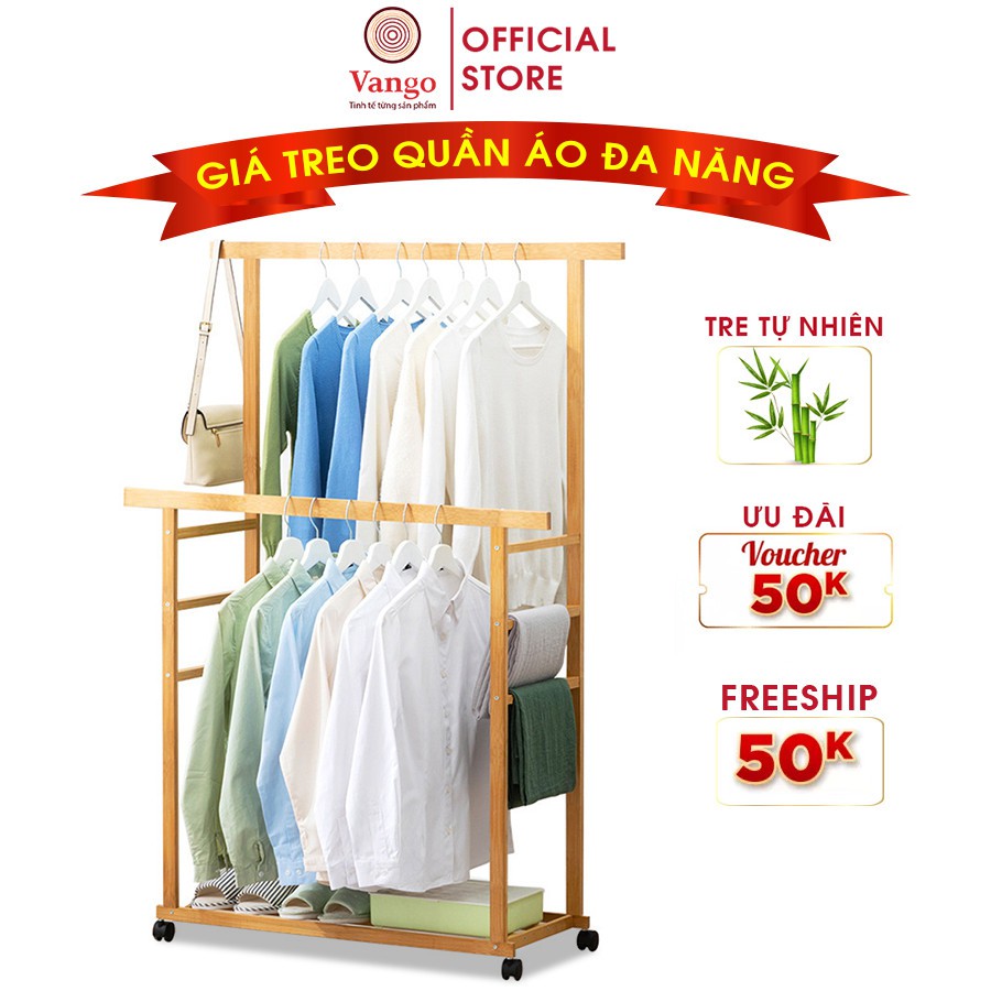 Giá kệ treo quần áo thông minh VANGO V21 gỗ tre tự nhiên cao cấp, có chỗ để giày dép tiện lợi, sơn phủ bóng sang trọng