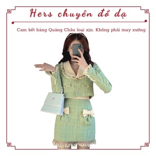 VIDEO Set dạ tweed áo khoác cổ tiểu thư viền ren hoa phối chân váy túi nơ cực xinh, có ảnh thật và video